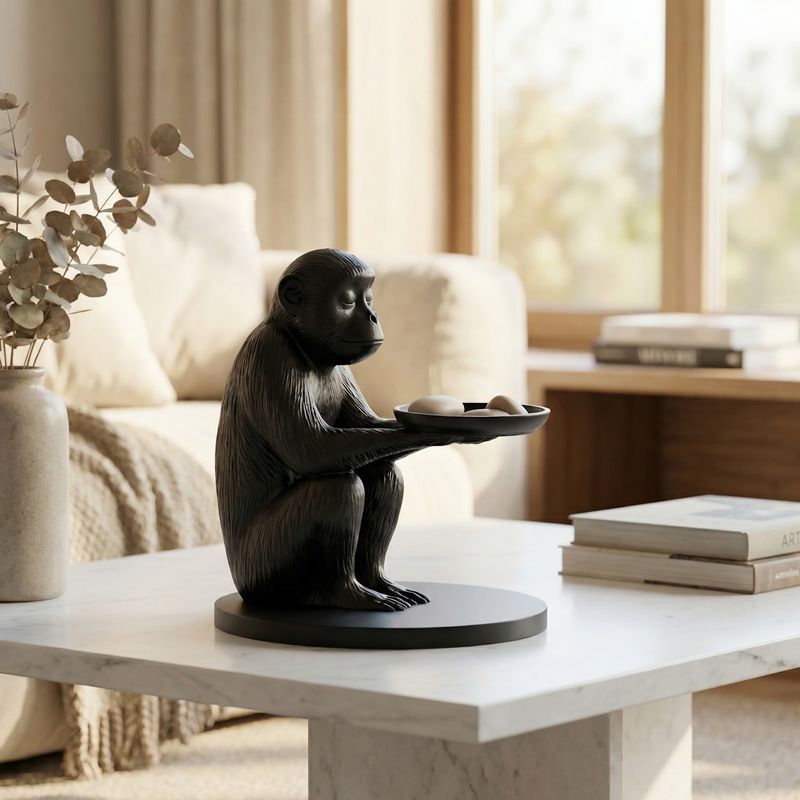 Casa si Gradina - Decoratiuni - Obiecte decorative - Accesorii decorative - Tava decorativa cu suport sculptural maimuta, neagra, 19cm - Infinity.ro