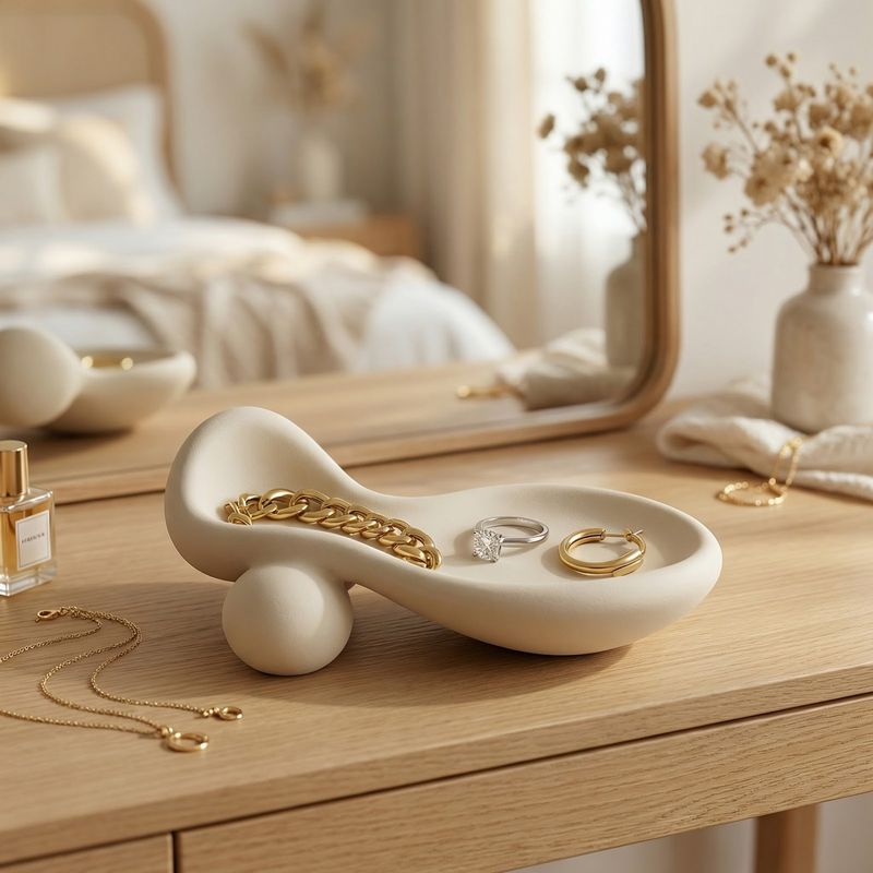 Fashion, accesorii si bijuterii - Femei - Bijuterii femei - Cutii bijuterii - Tava pentru Bijuterii Sculpturala Minimalista, Ivory, 18 cm - Infinity.ro