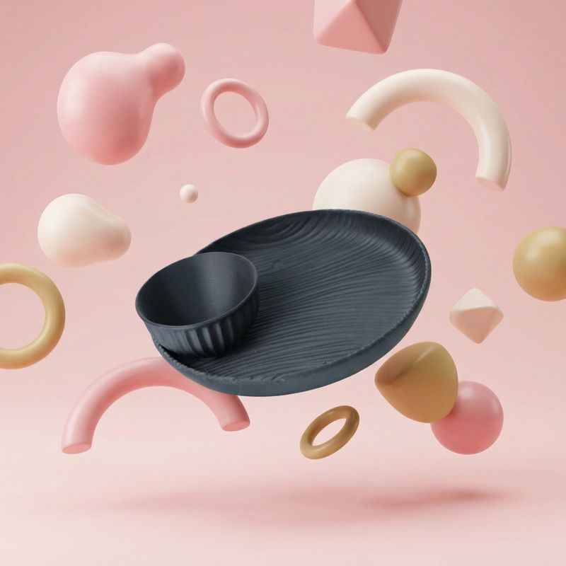 Casa si Gradina - Decoratiuni - Obiecte decorative - Vaze si boluri decorative - Set decorativ Bol si Farfurie cu Textura Ondulata, Negru, 15 cm - Infinity.ro