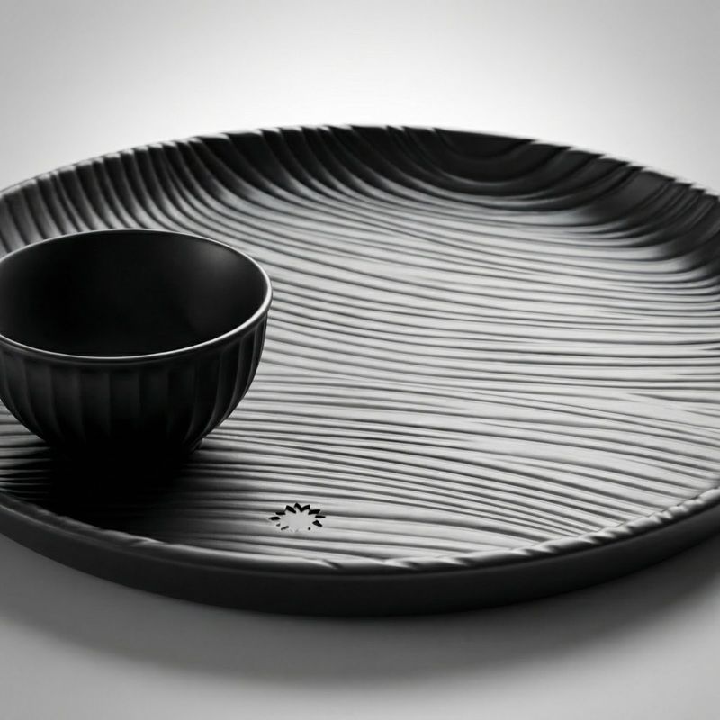 Casa si Gradina - Decoratiuni - Obiecte decorative - Vaze si boluri decorative - Set decorativ Bol si Farfurie cu Textura Ondulata, Negru, 15 cm - Infinity.ro