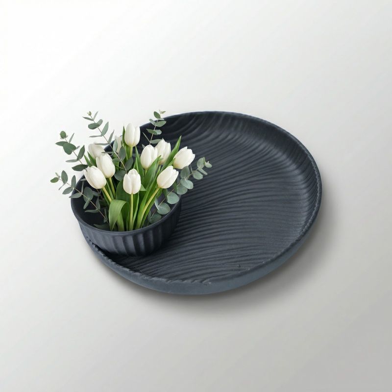 Casa si Gradina - Decoratiuni - Obiecte decorative - Vaze si boluri decorative - Set decorativ Bol si Farfurie cu Textura Ondulata, Negru, 15 cm - Infinity.ro