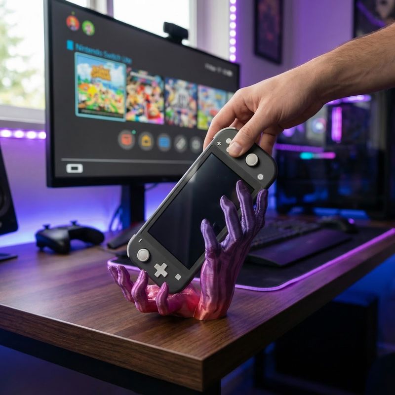 PC, gaming si accesorii - Gaming - Accesorii gaming - Accesorii console gaming - Suport Consola Portabila, design Silueta de Mana, Mov, 23 cm - Infinity.ro