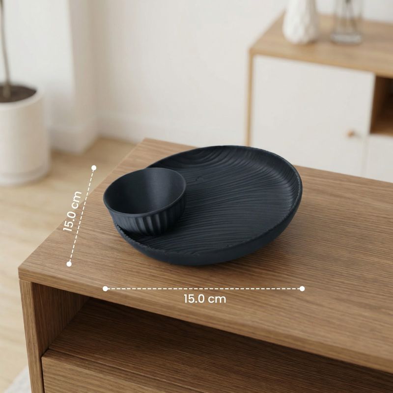 Casa si Gradina - Decoratiuni - Obiecte decorative - Vaze si boluri decorative - Set decorativ Bol si Farfurie cu Textura Ondulata, Negru, 15 cm - Infinity.ro