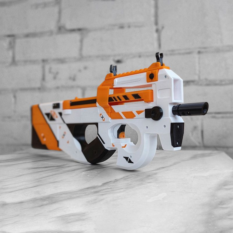 Jucarii, Copii si Bebe - Jucarii si jocuri - Jucarii de rol - Arme de jucarie - Mitraliera P90 Asiimov, replica realista, 56 cm, Counter Strike 2, CS GO, mecanism propulsat elastice pana la 15m - Infinity.ro