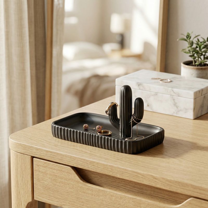 Fashion, accesorii si bijuterii - Femei - Bijuterii femei - Cutii bijuterii - Tavita Organizator Bijuterii cu Suport Cactus, Negru, 18 cm - Infinity.ro
