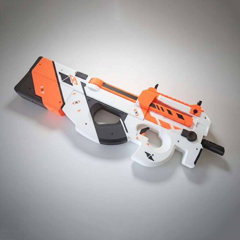 Jucarii, Copii si Bebe - Jucarii si jocuri - Jucarii de rol - Arme de jucarie - Mitraliera P90 Asiimov, replica realista, 56 cm, Counter Strike 2, CS GO, mecanism propulsat elastice pana la 15m - Infinity.ro
