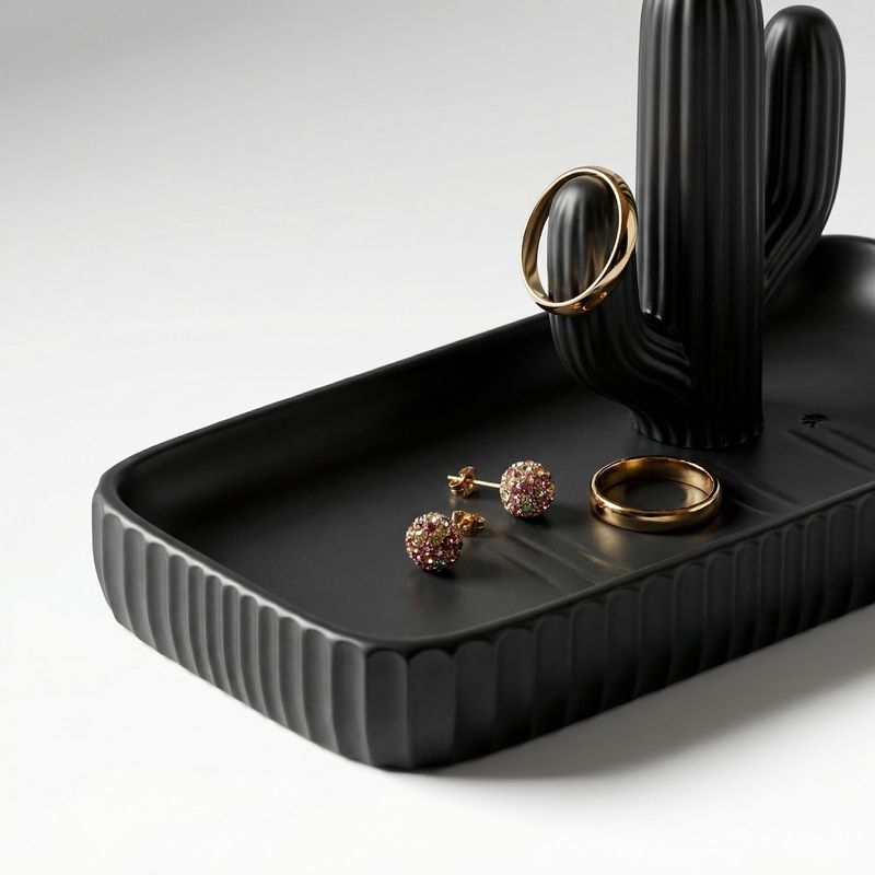 Fashion, accesorii si bijuterii - Femei - Bijuterii femei - Cutii bijuterii - Tavita Organizator Bijuterii cu Suport Cactus, Negru, 18 cm - Infinity.ro