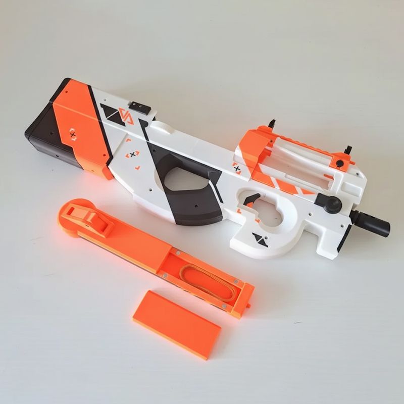 Jucarii, Copii si Bebe - Jucarii si jocuri - Jucarii de rol - Arme de jucarie - Mitraliera P90 Asiimov, replica realista, 56 cm, Counter Strike 2, CS GO, mecanism propulsat elastice pana la 15m - Infinity.ro