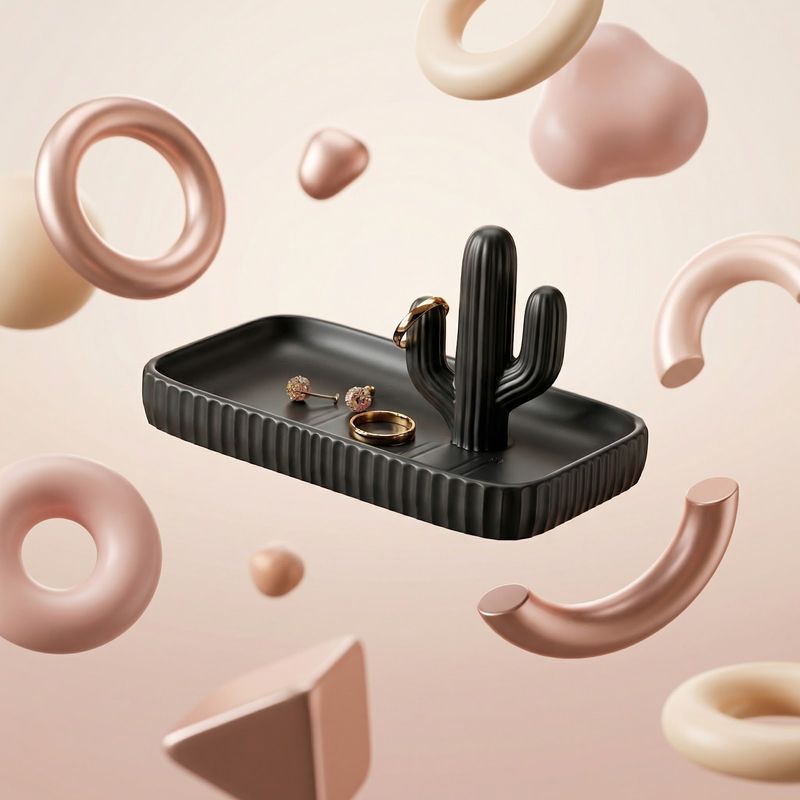 Fashion, accesorii si bijuterii - Femei - Bijuterii femei - Cutii bijuterii - Tavita Organizator Bijuterii cu Suport Cactus, Negru, 18 cm - Infinity.ro