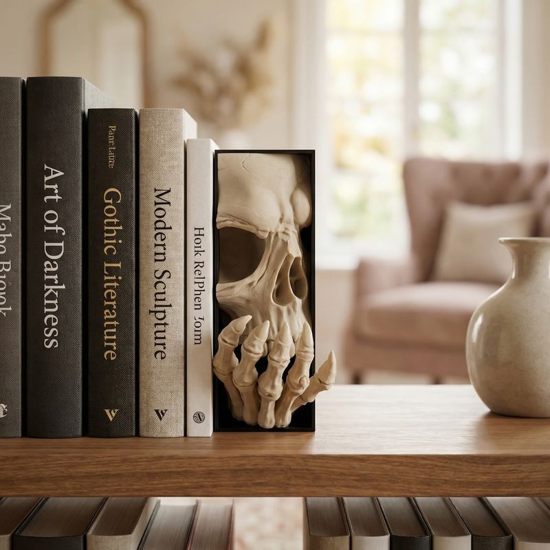 Carti si Birotica - Carti - Accesorii pentru cititori - Suport Carte Decorativ Book Nook, Craniu si Mana, Bej, 17 cm - Infinity.ro