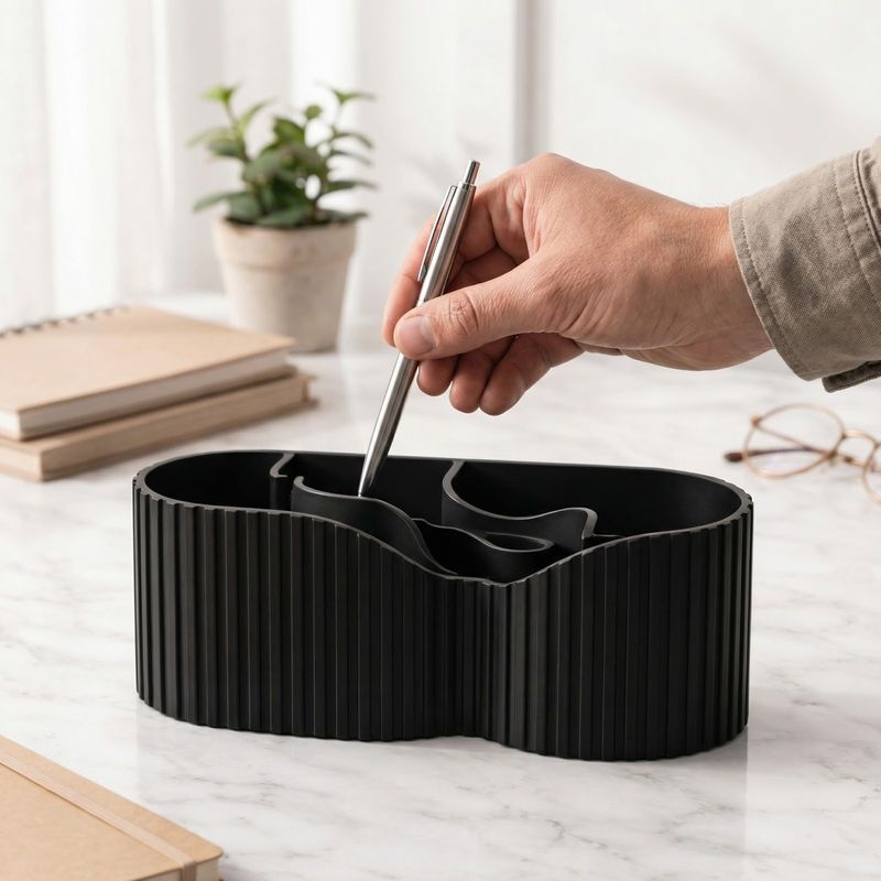 Carti si Birotica - Birotica - Accesorii de birou - Suporturi accesorii birou - Organizator Birou Sculptural cu Nervuri, Negru, 19 cm - Infinity.ro