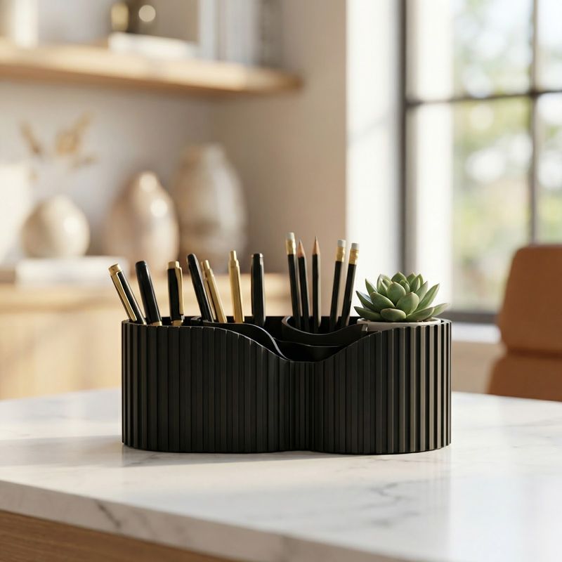 Carti si Birotica - Birotica - Accesorii de birou - Suporturi accesorii birou - Organizator Birou Sculptural cu Nervuri, Negru, 19 cm - Infinity.ro
