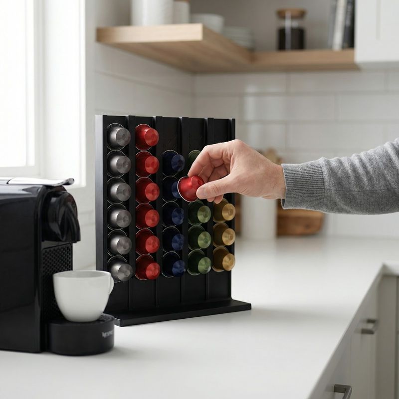 Electronice si Electrocasnice - Electrocasnice bucatarie - Preparare bauturi - Accesorii si consumabile aparate preparare bauturi - Suport Capsule Cafea Vertical Armonie, Negru, 25 cm - Infinity.ro