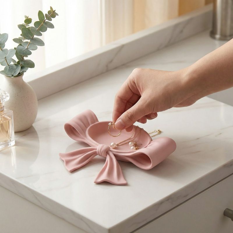 Fashion, accesorii si bijuterii - Femei - Bijuterii femei - Cutii bijuterii - Tavita Bijuterii cu Funda Sculpturala, Roz, 13 cm - Infinity.ro
