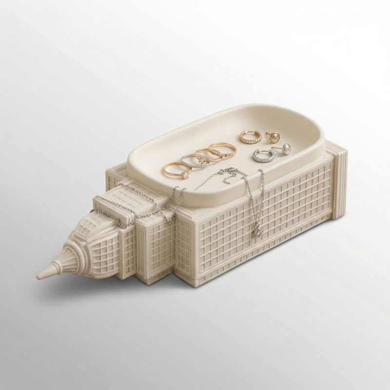 Fashion, accesorii si bijuterii - Femei - Bijuterii femei - Cutii bijuterii - Tavita Organizator pentru Bijuterii Silueta Urbana, Alb, 19 cm - Infinity.ro