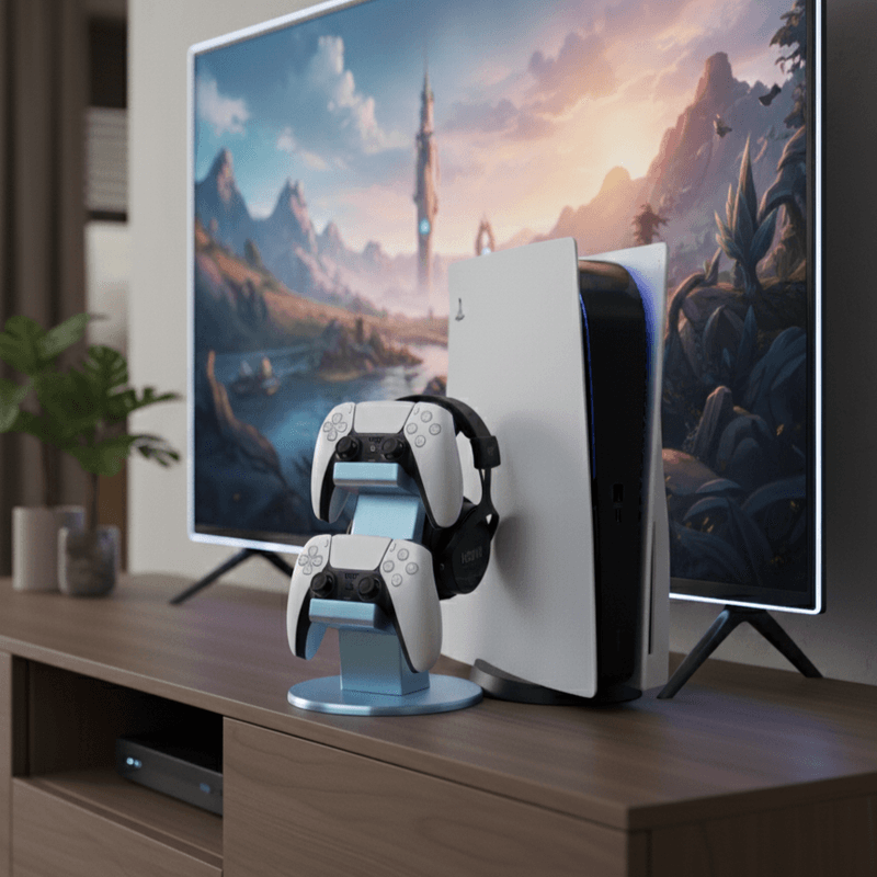 PC, gaming si accesorii - Gaming - Accesorii gaming - Accesorii console gaming - Suport Dublu Controller + Suport Casti, Organizator Gaming, Sky Blue, Design 3D, Compact - Infinity.ro