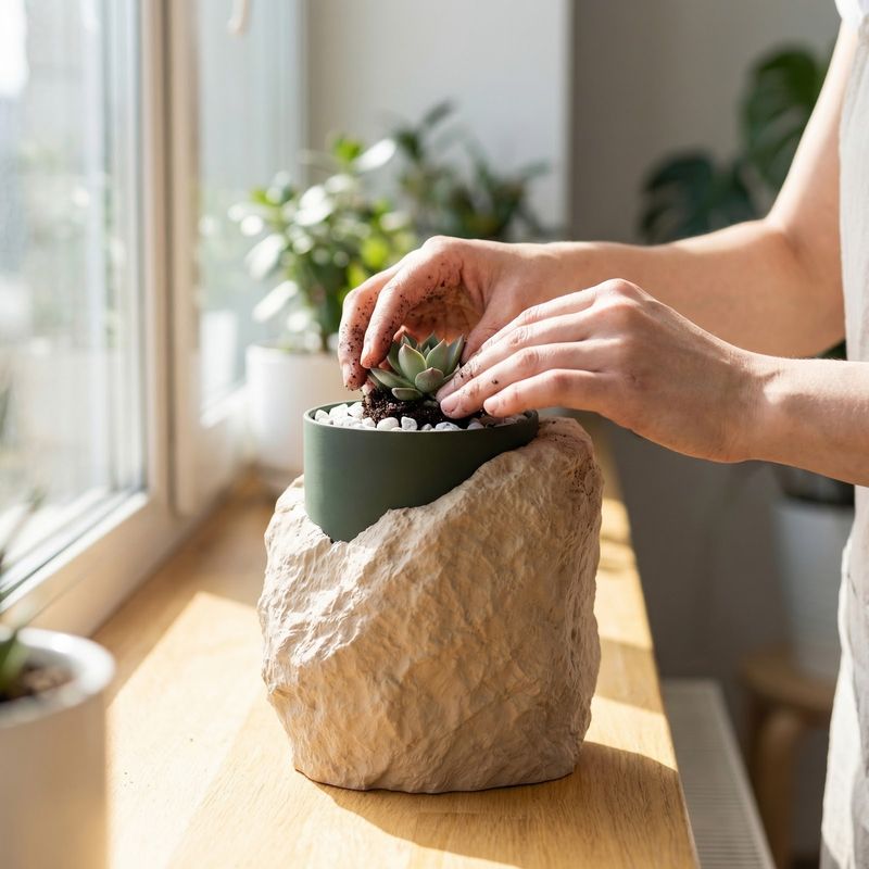 Casa si Gradina - Gradinarit si plante - Plante si ghivece - Ghivece si suporturi - Ghiveci Decorativ cu Aspect de Piatra, Bej, 13 cm - Infinity.ro