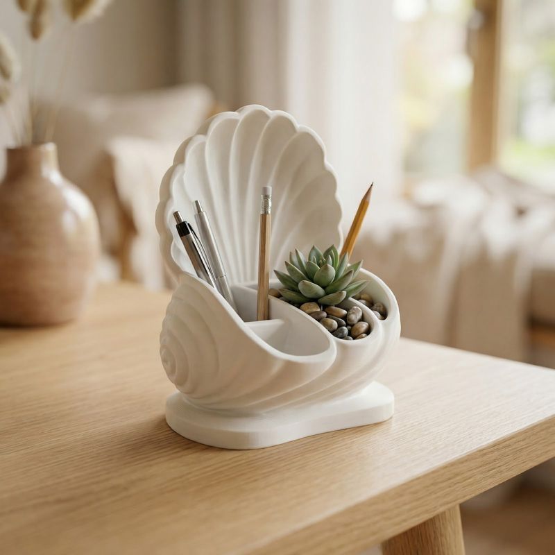Carti si Birotica - Birotica - Accesorii de birou - Suporturi accesorii birou - Organizator birou tip scoica, alb, 18 cm, design elegant, eco friendly - Infinity.ro
