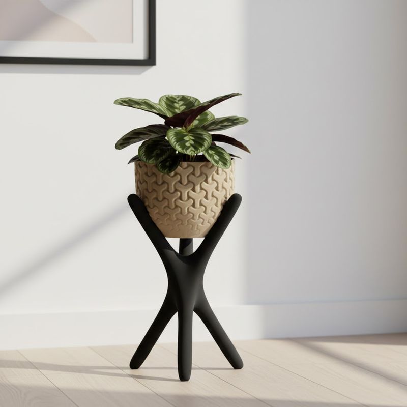 Casa si Gradina - Gradinarit si plante - Plante si ghivece - Ghivece si suporturi - Suport ghiveci, design modern, stand negru, ghiveci detasabil bej, plastic PLA, diametru 13cm - Infinity.ro