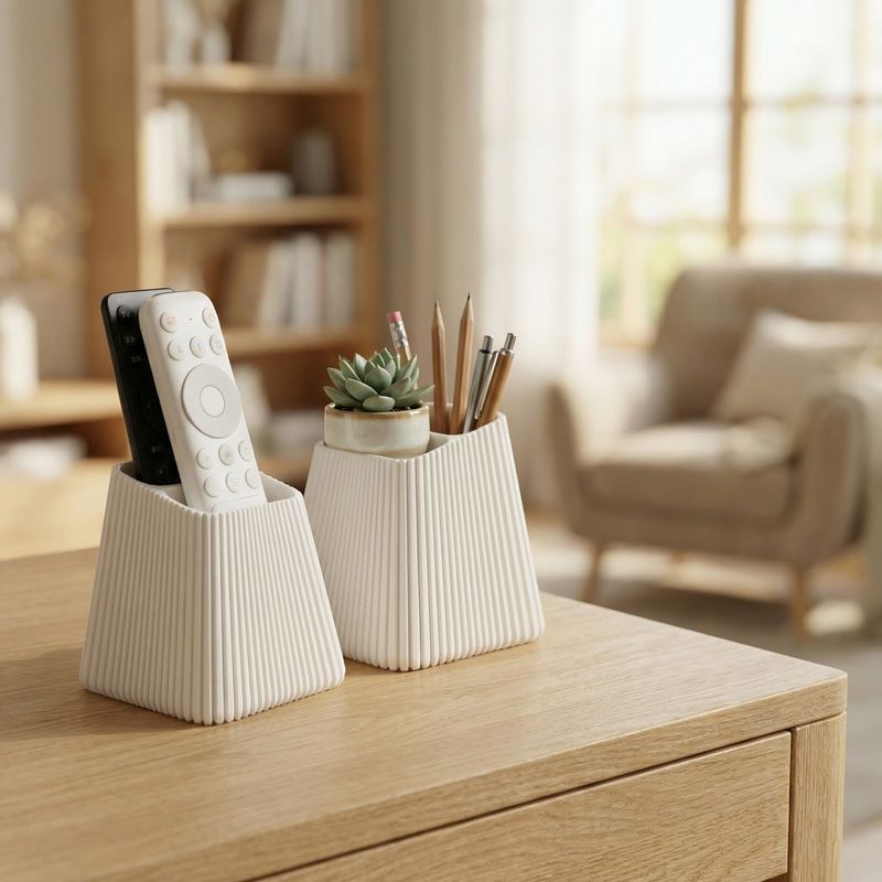 Carti si Birotica - Birotica - Accesorii de birou - Suporturi accesorii birou - Suport dublu telecomenzi, alb, 10 cm, textura striata, 2 compartimente - Infinity.ro