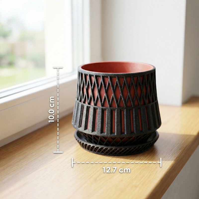 Casa si Gradina - Gradinarit si plante - Plante si ghivece - Ghivece si suporturi - Ghiveci decorativ geometric, negru, 13 cm, cu farfurie de scurgere - Infinity.ro
