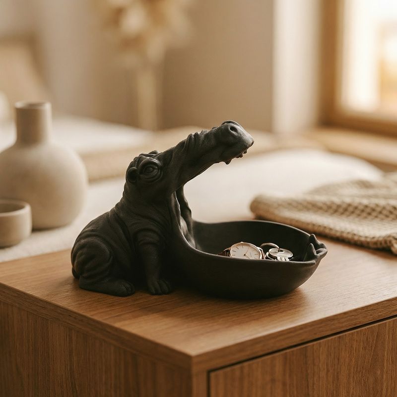 Casa si Gradina - Decoratiuni - Obiecte decorative - Vaze si boluri decorative - Bol Decorativ Sculptural cu Hipopotam, Negru, 20 cm - Infinity.ro