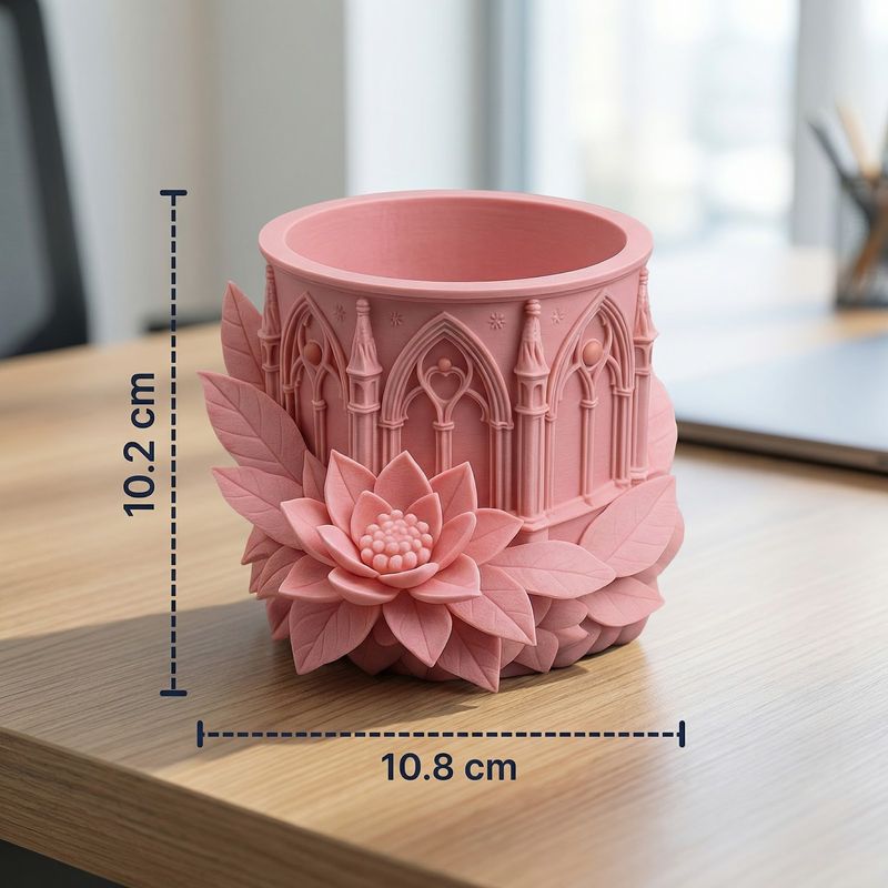 Carti si Birotica - Birotica - Accesorii de birou - Suporturi accesorii birou - Suport Pixuri si Creioane cu Motive Gotice si Lotus, Roz, 11 cm - Infinity.ro