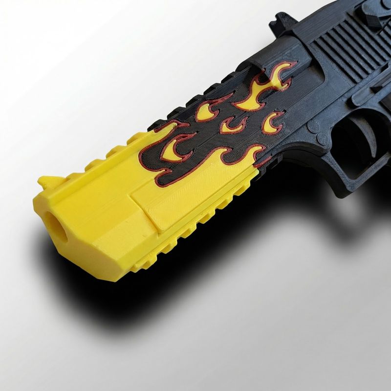 Jucarii, Copii si Bebe - Jucarii si jocuri - Jucarii de rol - Arme de jucarie - Pistol cu lansare elastice, Flacara, Negru/Galben, 23 cm - Infinity.ro