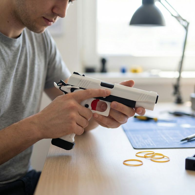 Jucarii, Copii si Bebe - Jucarii si jocuri - Jucarii de rol - Arme de jucarie - Pistol cu Elastice Silueta Urbana, Alb, 15 cm - Infinity.ro