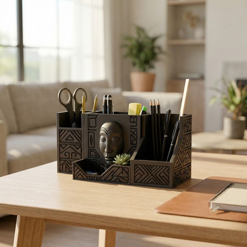 Carti si Birotica - Birotica - Accesorii de birou - Suporturi accesorii birou - Organizator Birou Multifunctional cu Motiv Tribal, Negru, 20 cm - Infinity.ro