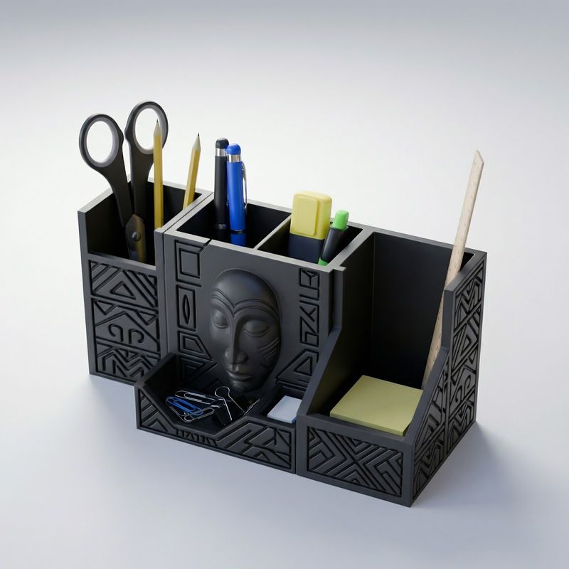 Carti si Birotica - Birotica - Accesorii de birou - Suporturi accesorii birou - Organizator Birou Multifunctional cu Motiv Tribal, Negru, 20 cm - Infinity.ro