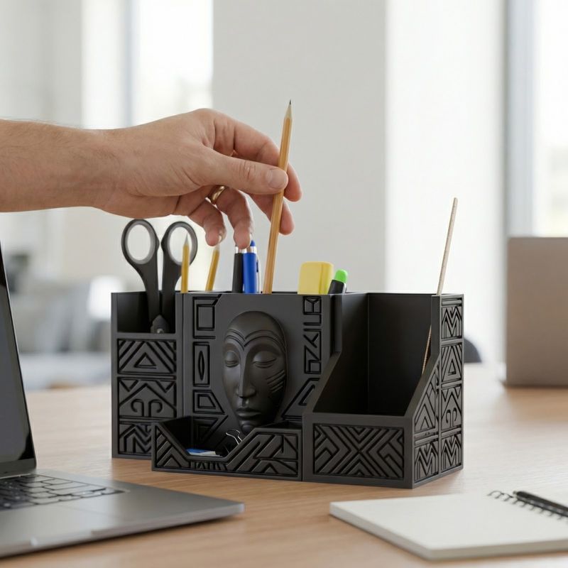 Carti si Birotica - Birotica - Accesorii de birou - Suporturi accesorii birou - Organizator Birou Multifunctional cu Motiv Tribal, Negru, 20 cm - Infinity.ro