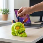 Carti si Birotica - Birotica - Accesorii de birou - Suporturi accesorii birou - Suport Pixuri si Unelte cu Forma Craniu, Verde Neon, 10 cm - Infinity.ro