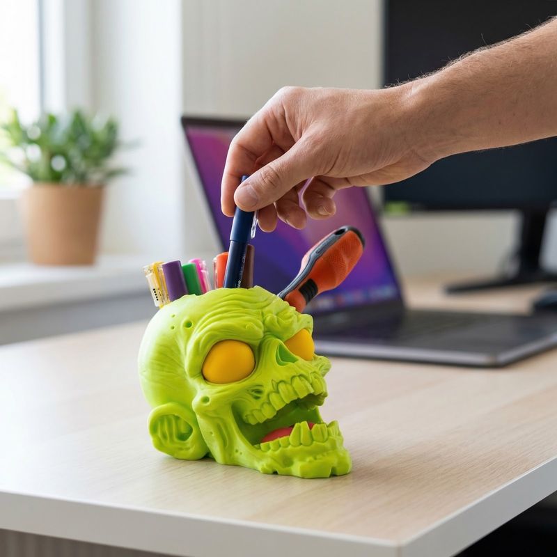 Carti si Birotica - Birotica - Accesorii de birou - Suporturi accesorii birou - Suport Pixuri si Unelte cu Forma Craniu, Verde Neon, 10 cm - Infinity.ro