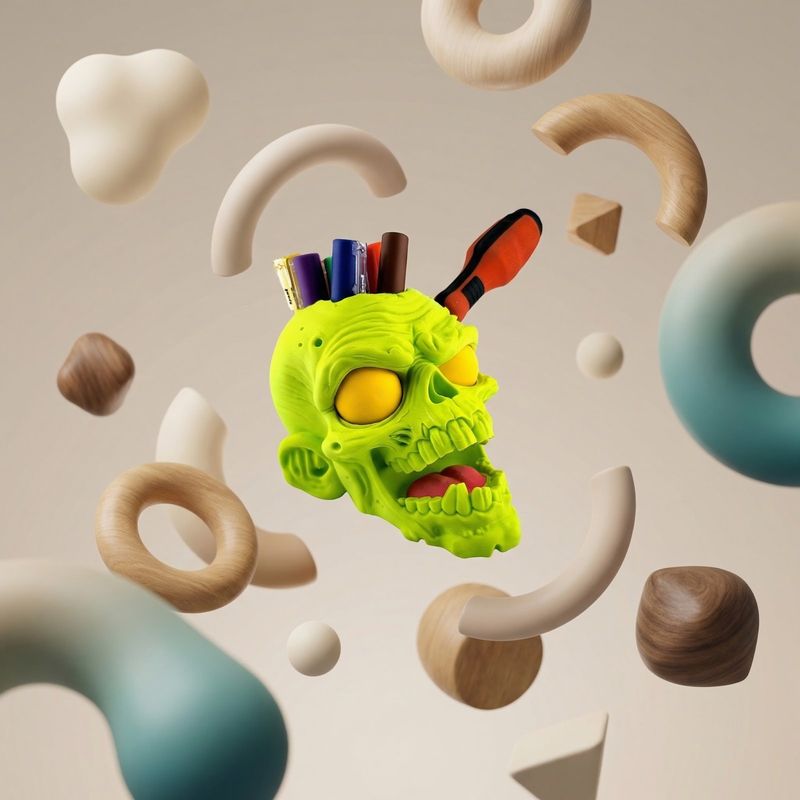 Carti si Birotica - Birotica - Accesorii de birou - Suporturi accesorii birou - Suport Pixuri si Unelte cu Forma Craniu, Verde Neon, 10 cm - Infinity.ro