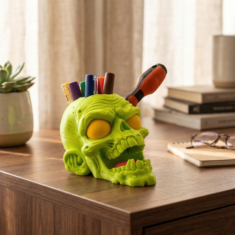 Carti si Birotica - Birotica - Accesorii de birou - Suporturi accesorii birou - Suport Pixuri si Unelte cu Forma Craniu, Verde Neon, 10 cm - Infinity.ro