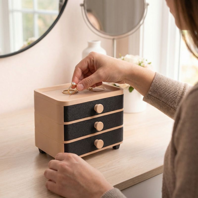 Fashion, accesorii si bijuterii - Femei - Bijuterii femei - Cutii bijuterii - Cutie Bijuterii Organizator cu Sertare, Bej cu Negru, 2 cm - Infinity.ro