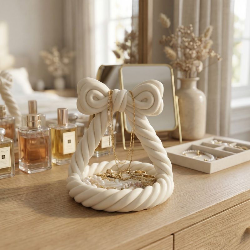 Fashion, accesorii si bijuterii - Femei - Bijuterii femei - Cutii bijuterii - Tava Organizatoare pentru Bijuterii cu Funda Decorativa, Alb, 13 cm - Infinity.ro