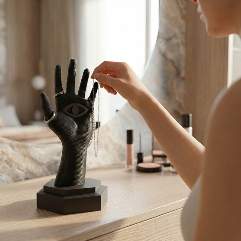 Fashion, accesorii si bijuterii - Femei - Bijuterii femei - Cutii bijuterii - Suport Bijuterii Sculptural cu Palma si Ochi, Negru, 15 cm - Infinity.ro
