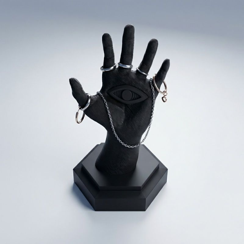Fashion, accesorii si bijuterii - Femei - Bijuterii femei - Cutii bijuterii - Suport Bijuterii Sculptural cu Palma si Ochi, Negru, 15 cm - Infinity.ro