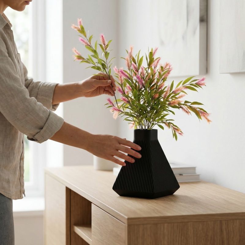Casa si Gradina - Decoratiuni - Obiecte decorative - Vaze si boluri decorative - Vaza Decorativa cu Nervuri Verticale, Negru, 24 cm - Infinity.ro