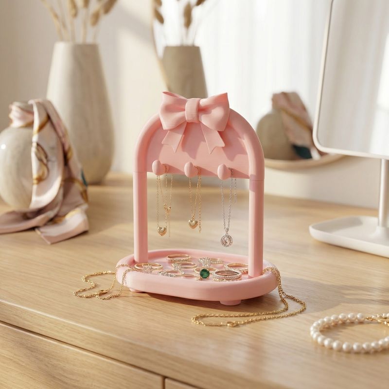 Fashion, accesorii si bijuterii - Femei - Bijuterii femei - Cutii bijuterii - Suport Organizator Bijuterii cu Funda Eleganta, Roz, 17 cm - Infinity.ro
