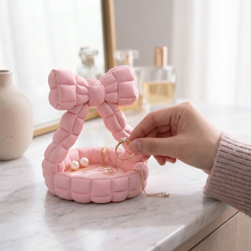 Fashion, accesorii si bijuterii - Femei - Bijuterii femei - Cutii bijuterii - Tavita Organizator Bijuterii cu Funda Matlasata, Roz, 13 cm - Infinity.ro