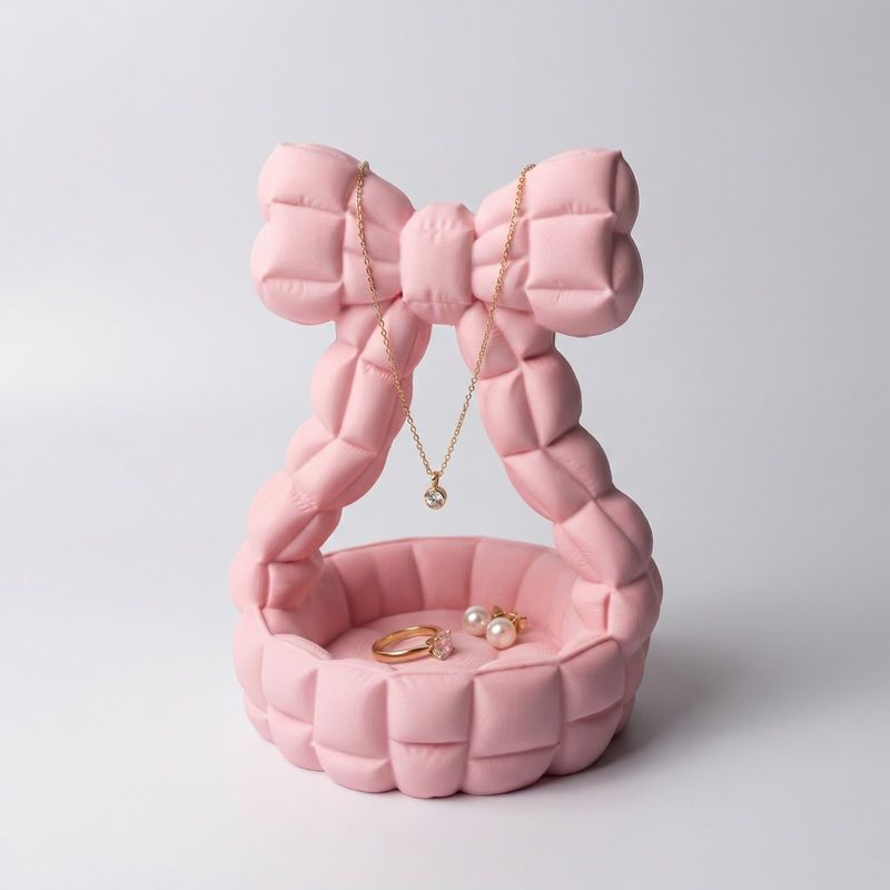 Fashion, accesorii si bijuterii - Femei - Bijuterii femei - Cutii bijuterii - Tavita Organizator Bijuterii cu Funda Matlasata, Roz, 13 cm - Infinity.ro