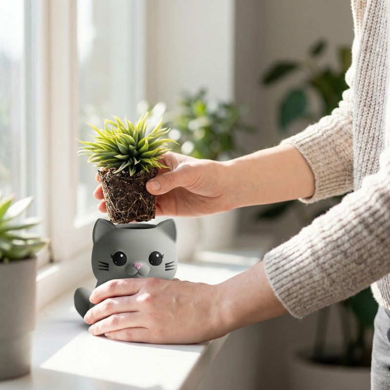 Casa si Gradina - Gradinarit si plante - Plante si ghivece - Ghivece si suporturi - Ghiveci Mini cu Pisicuta Jucausa, Gri, 7 cm - Infinity.ro