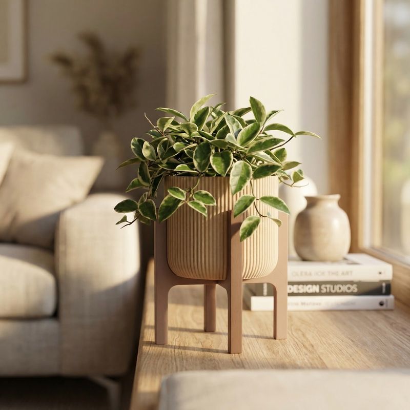 Casa si Gradina - Gradinarit si plante - Plante si ghivece - Ghivece si suporturi - Ghiveci cu Suport Elegant Striat, Bej, 15 cm - Infinity.ro