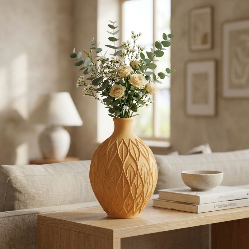 Casa si Gradina - Decoratiuni - Obiecte decorative - Vaze si boluri decorative - Vaza Decorativa cu Model de Frunze, Bej, 25 cm - Infinity.ro