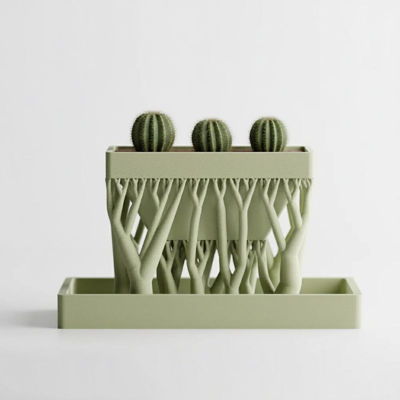 Casa si Gradina - Gradinarit si plante - Plante si ghivece - Ghivece si suporturi - Ghiveci suspendat cu suporti in forma de trunchi copac, cu tavita, verde, printat 3D, plastic PLA, 12cm lungime, 6cm inaltime - Infinity.ro