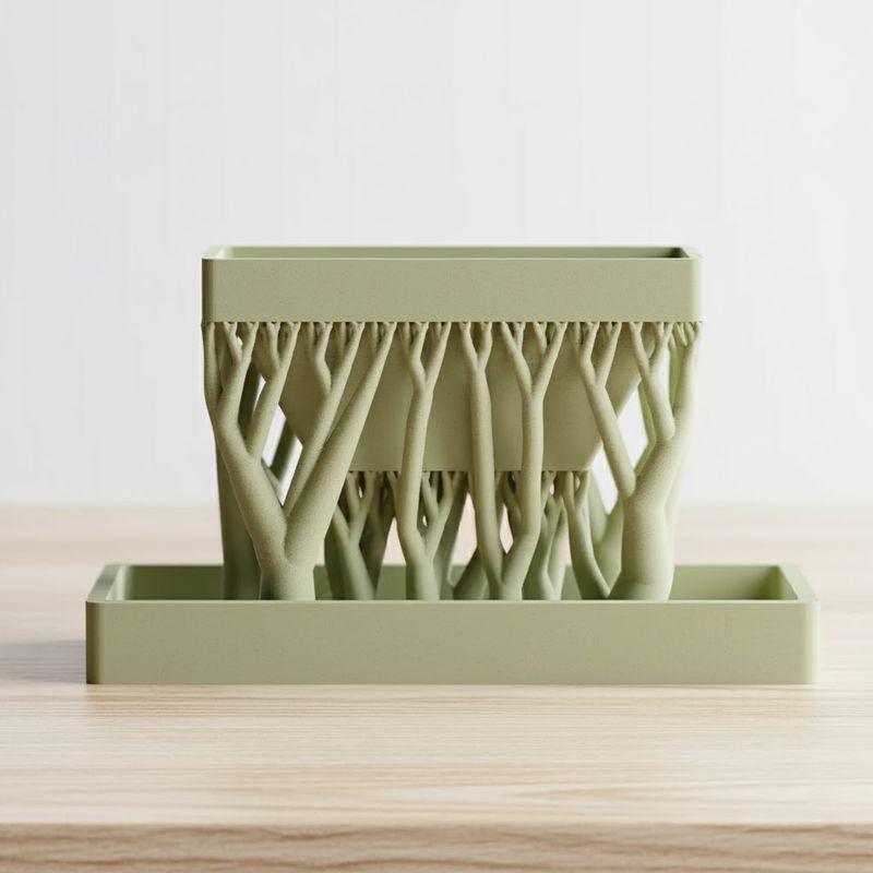 Casa si Gradina - Gradinarit si plante - Plante si ghivece - Ghivece si suporturi - Ghiveci suspendat cu suporti in forma de trunchi copac, cu tavita, verde, printat 3D, plastic PLA, 12cm lungime, 6cm inaltime - Infinity.ro