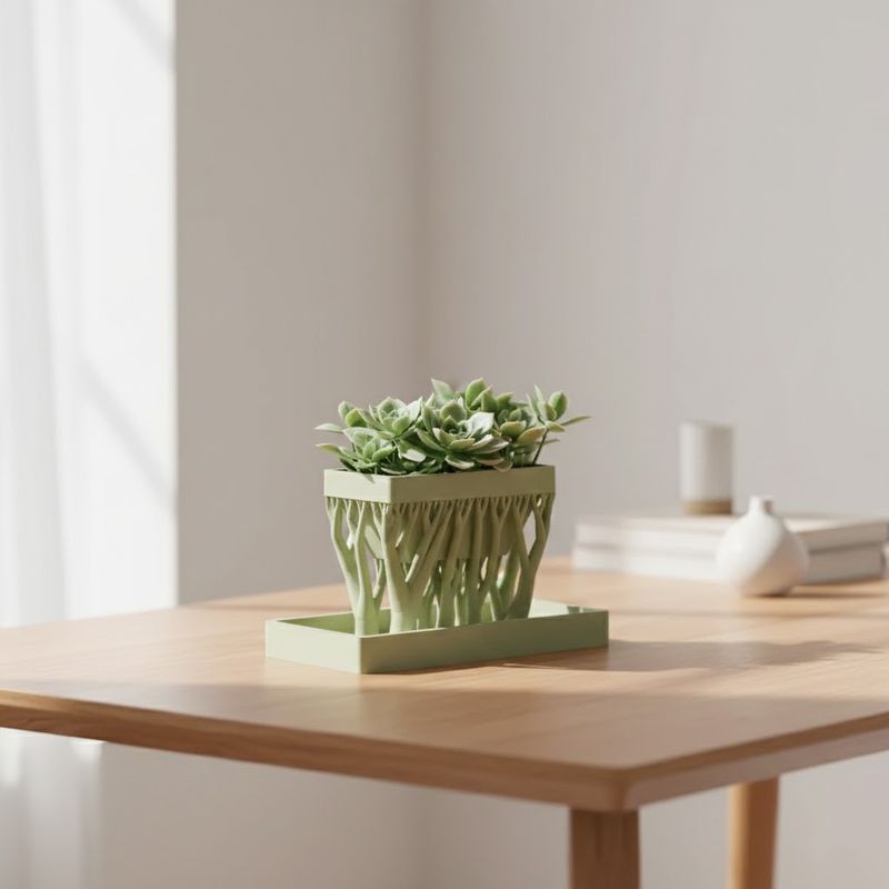 Casa si Gradina - Gradinarit si plante - Plante si ghivece - Ghivece si suporturi - Ghiveci suspendat cu suporti in forma de trunchi copac, cu tavita, verde, printat 3D, plastic PLA, 12cm lungime, 6cm inaltime - Infinity.ro